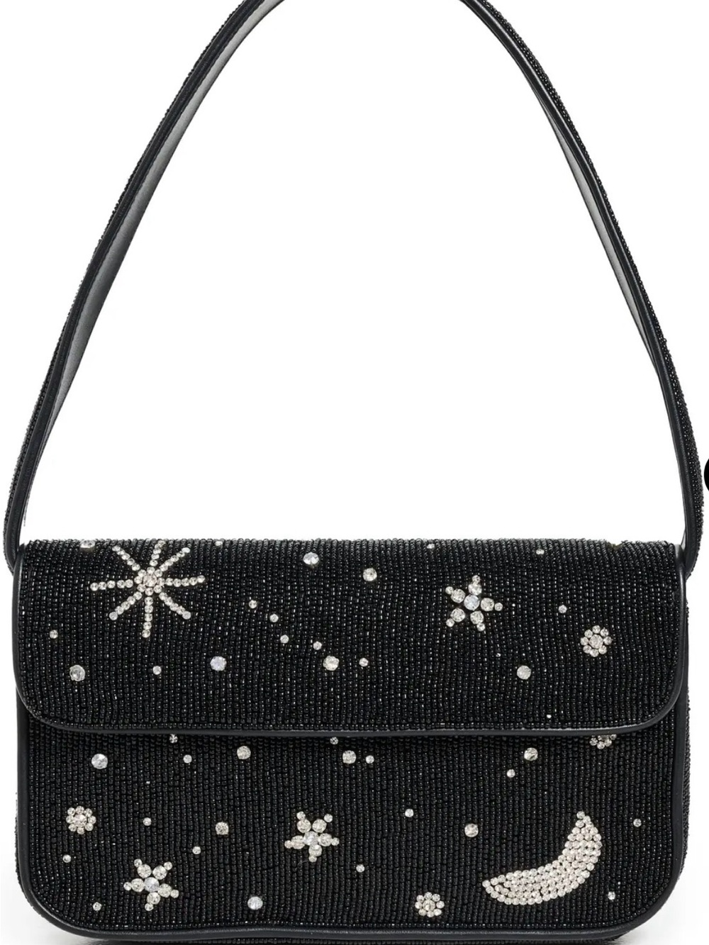 Staud Black Beaded Evening Shoulder Bag with Star & Moon Accents